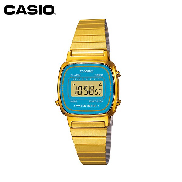 【CASIO】LA670WGA-2 復古造型小電子錶/經典百搭/女用款/24mm/金屬錶帶x金藍/公司貨【第一鐘錶】