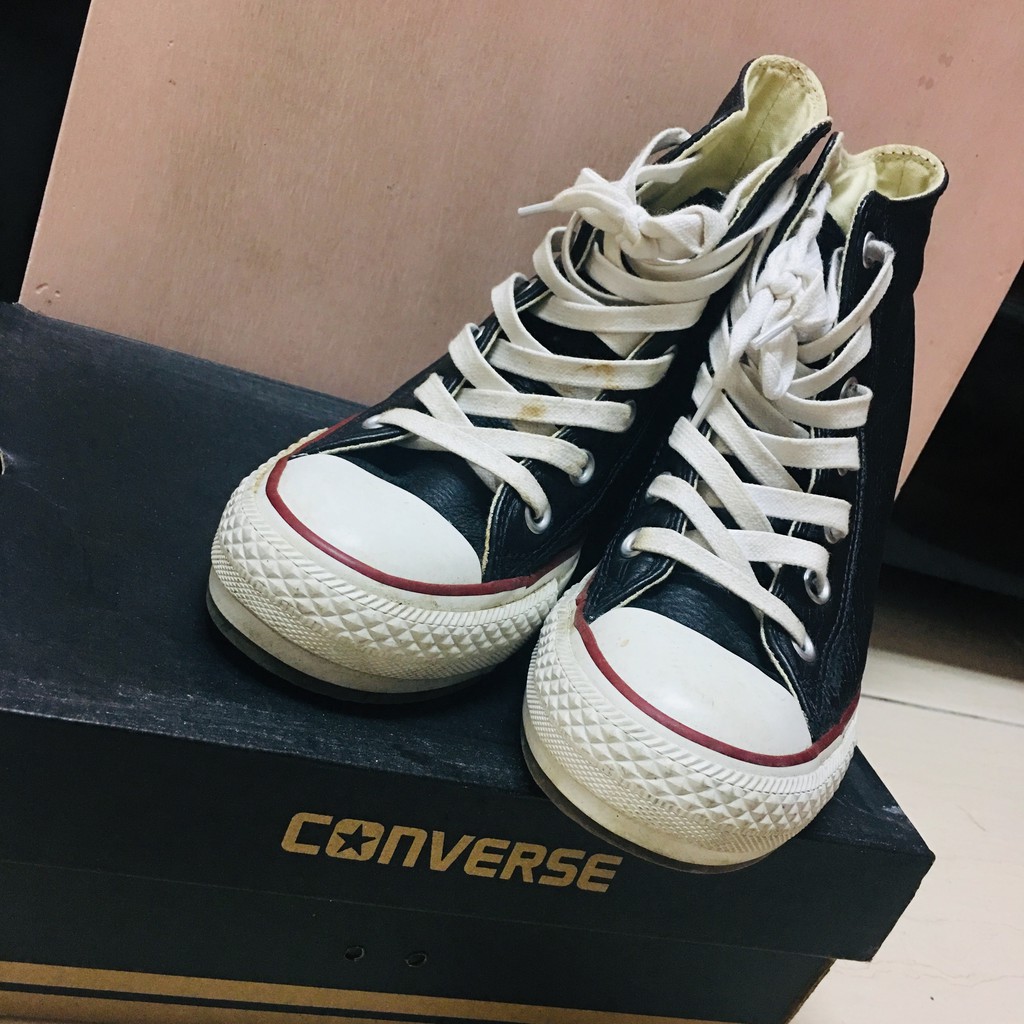 Converse 黑色高筒厚底增高皮款帆布鞋 All Star皮款休閒鞋 女鞋（價可議）