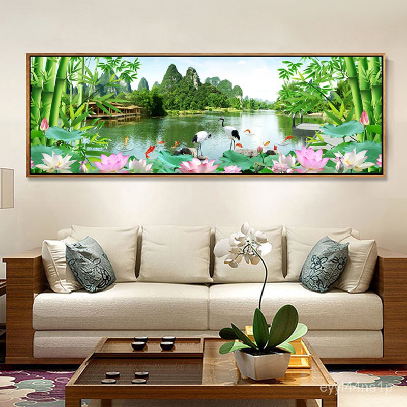 免運  新品  新中式客廳沙發背景墻壁畫綠色竹子風景壁畫辦公室單幅橫版裝飾畫
