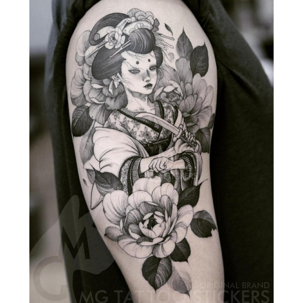 日韓 時尚 Mg Tattoo 日式浮世繪藝伎花魁花朵少女圖案黑灰花臂紋身貼紙 蝦皮購物