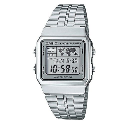 【CASIO】世界城市復古風不鏽鋼電子錶-灰框(A-500WA-7)正版宏崑公司貨