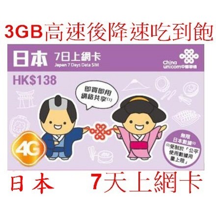 【阿洲電話卡專賣】日本上網卡 軟銀SOFTBANK 7天 首3GB高速流量 後低速吃到飽