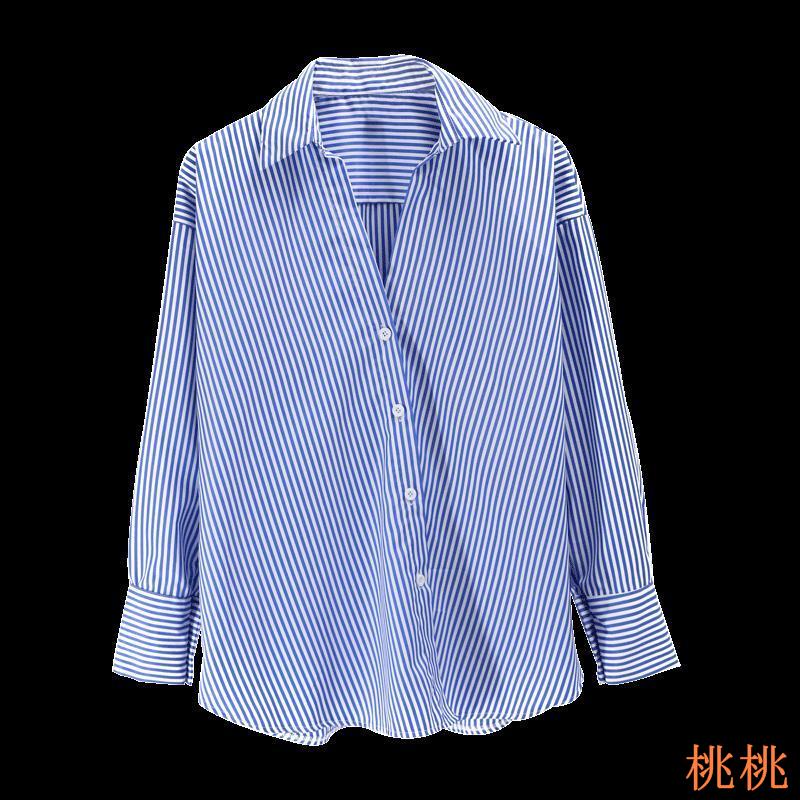 桃桃21春季新款藍色條紋襯衫女小眾設計感藍白襯衣豎條紋長袖上衣潮 蝦皮購物