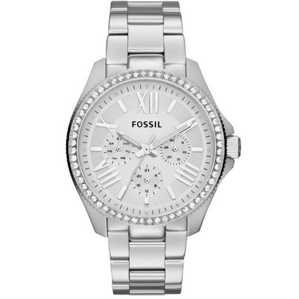 【Fossil】Cecile羅馬時標晶鑽三眼時尚腕錶-亮眼銀/AM4481/台灣總代理公司貨享兩年保固
