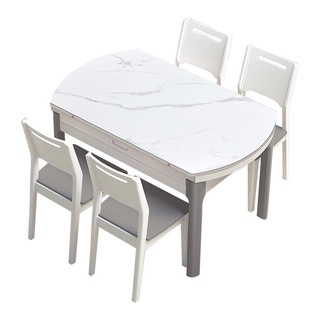 【hoi! 】林氏木業現代風大理石紋岩板可伸縮圓餐桌LS058+餐椅-灰白色（一桌四椅）/安運費用2200元