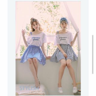 0508 韓款 甜美公主風 露比午茶 Ruby 美式休閒 假兩件 腰帶 少女心 甜美可愛 露肩 字母 條紋 連身洋裝