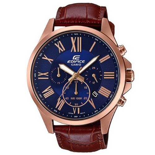 【CASIO】EDIFICE 羅馬數字個性風潮真皮指針腕錶(EFV-500GL-2A)正版宏崑公司貨