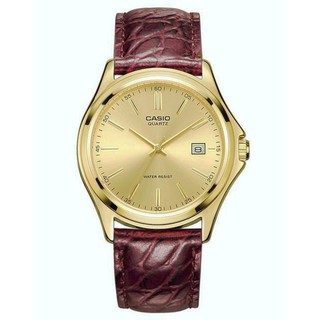CASIO WATCH 卡西歐金色男士單日期圓格紋棗紅皮帶石英腕錶 型號：MTP-1183Q-9A【神梭鐘錶】