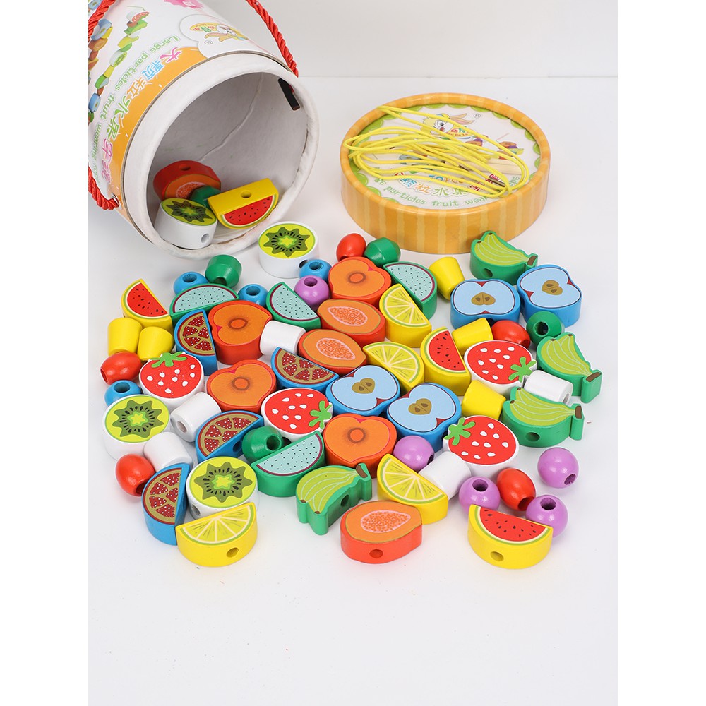 70粒木制大顆粒蛋糕水果積木穿線串珠 兒童早教認知學習啟蒙玩具