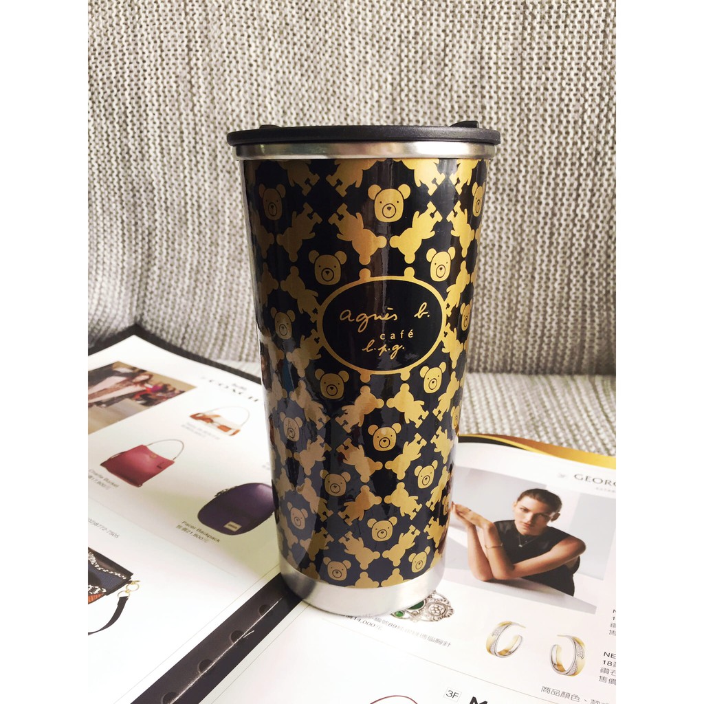 專櫃Agnes b. CAFÉ L.P.G.限量款熊熊塗鴉造型保溫咖啡杯 (黑金色)