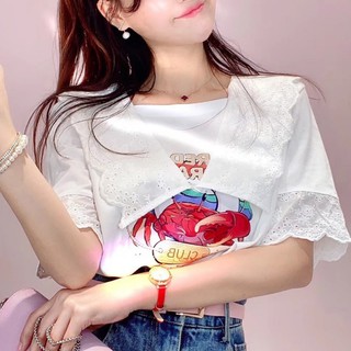 甜美蕾絲娃娃領 卡通印花 寬鬆顯瘦襯衫造型棉T上衣 現貨