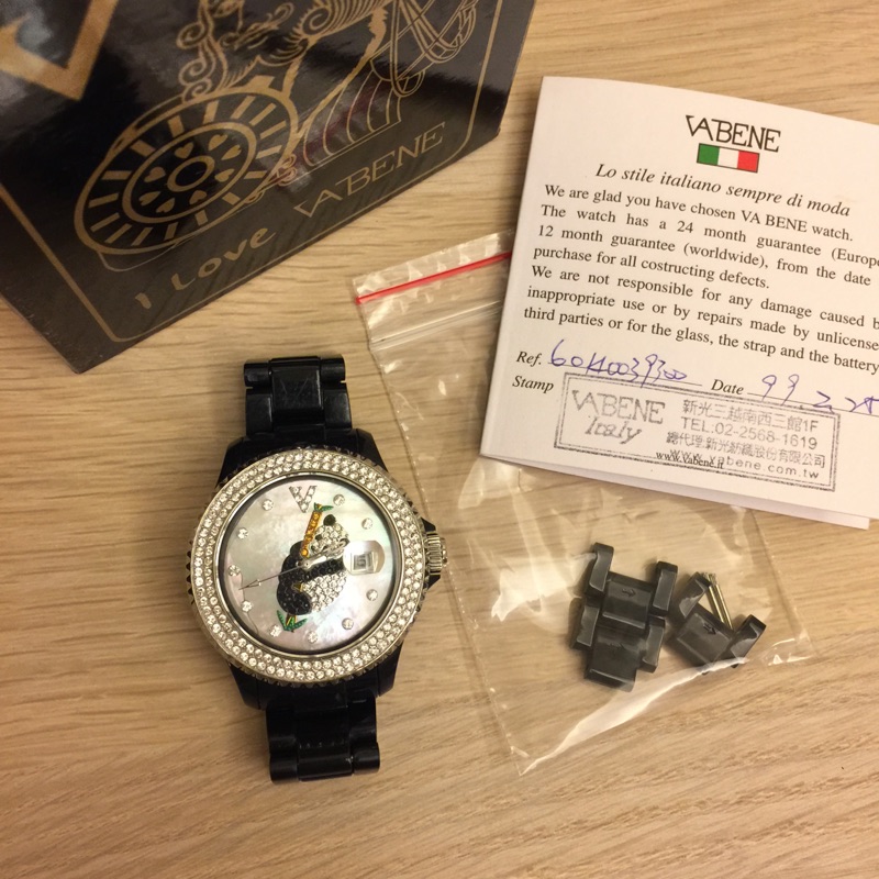 Vabene 義大利潮牌 銀鑽圈 貝殼面 熊貓 壓克力鍊 手錶