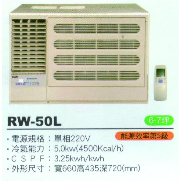 大高雄含基本安裝【ROYAL皇家】RW-50L 定頻五級窗型左吹冷氣/房東、小吃部最愛品牌