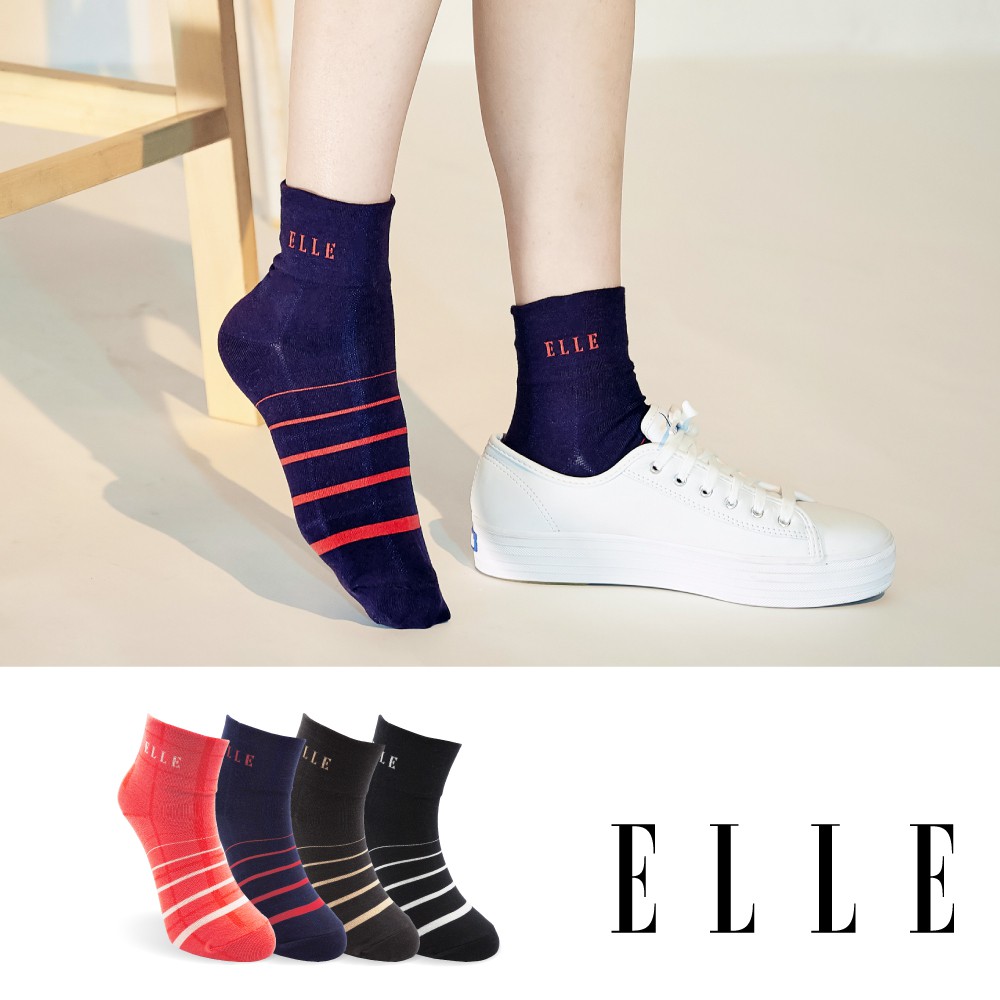 【ELLE】條紋細格寬口親子襪 襪子 少女襪 棉襪 中筒襪 休閒襪 女襪 童襪 女童襪