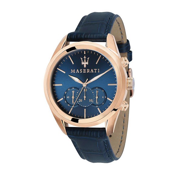【Maserati 瑪莎拉蒂】經典玫金三眼計時腕錶-潮流藍/R8871612015/台灣總代理公司貨享兩年保固