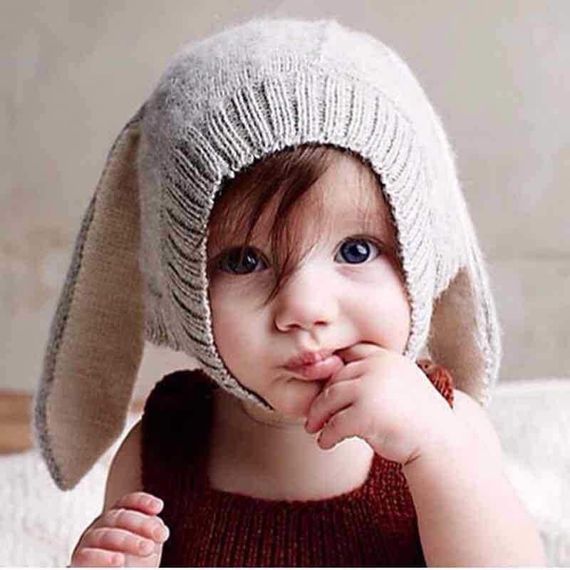 韓版兒童帽 ins 爆破兔子耳朵羊毛帽嬰兒手工編織帽子 c