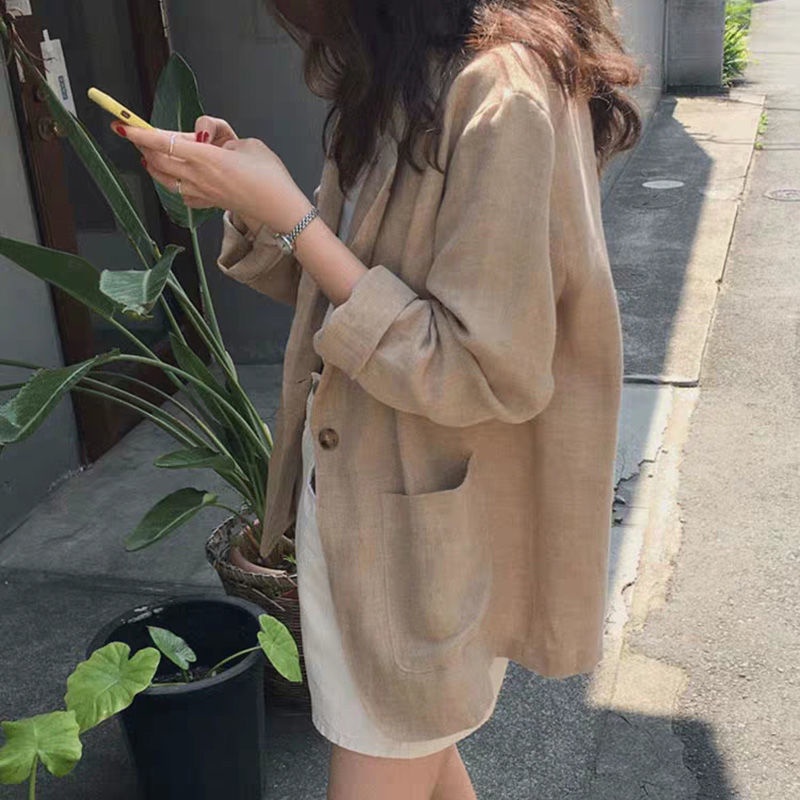 時尚新款韓國網紅棉麻西裝外套女韓版寬鬆亞麻小西裝英倫風