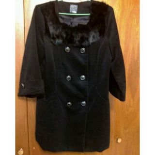 Betty's 黑色中長版七分袖雙排扣毛料大衣外套