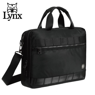 【Lynx】美國山貓輕量防潑水斜紋尼龍布包 多隔層機能 電腦公事包/側背包/手提 黑色 LY39-6607-99