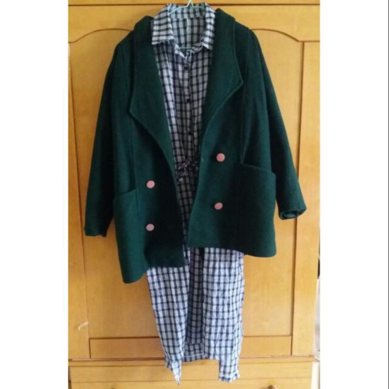 古著 質感 毛尼 大衣 外套 西裝 雙排扣 墨綠色 vintage 日系 韓