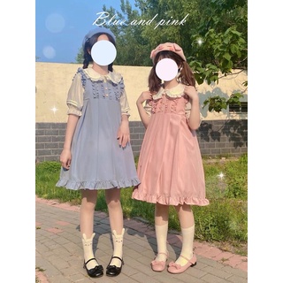 預購*lolita 蘿莉塔奶上荷葉邊小熊釦子背帶裙 襯衫 日系 可愛 復古 小清新 軟妹 A字裙 jsk洋裝 套裝