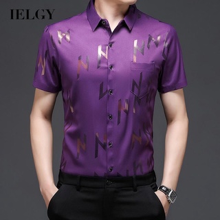 IELGY 男士短袖襯衫字母印花休閒翻領半袖薄款