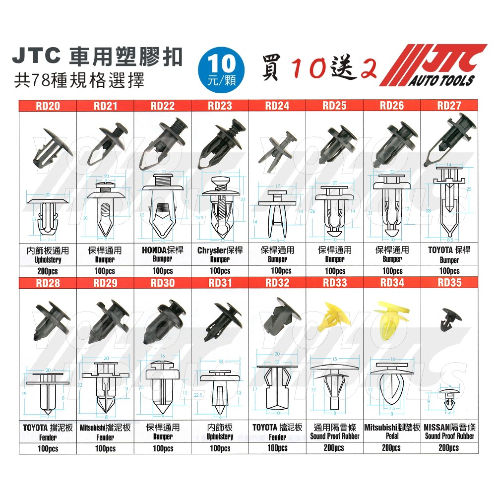 【YOYO 汽車五金工具】 JTC 車用塑膠扣 卡榫 釦子 塑膠粒 塑膠扣 內飾板 保桿 通用 擋泥板 腳踏板 隔音條