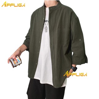 【M-5XL】大尺碼立領七分袖襯衫 BF風寬鬆休閒襯衫 學院風文藝範襯衫 韓版小清新潮牌短袖上衣 素面百搭青少年正韓上衣
