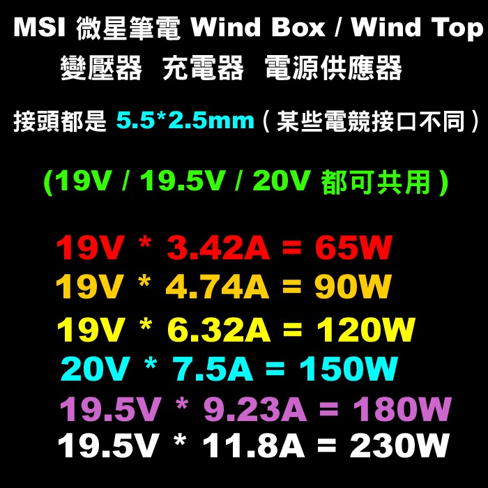 5.5 2.5mm 微星 MSI 65W 75W 90W 120W 135W 150W 180W 230W 變壓器充電器