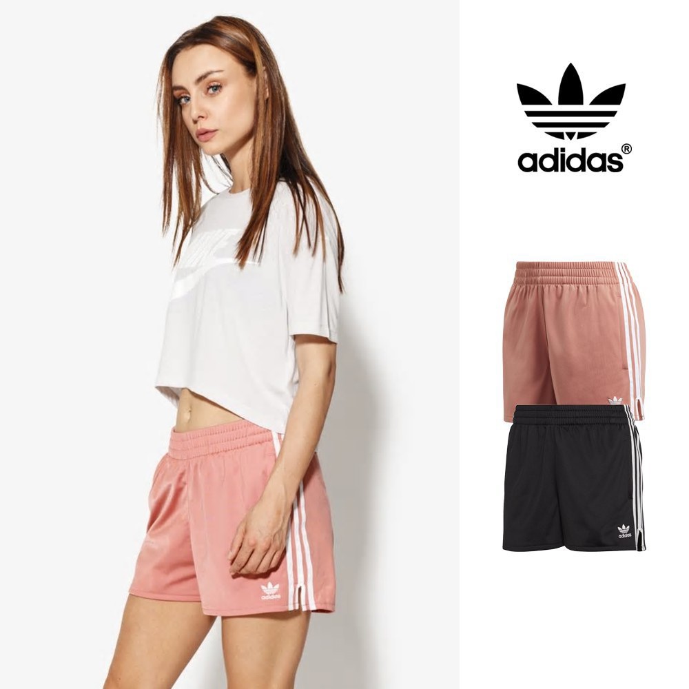 Adidas Originals 黑/粉 短褲 女款 運動 休閒 復古 鬆緊 彈性 熱褲 三條線 三葉草 Logo
