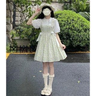 日系甜美少女假兩件娃娃領連衣裙女學生夏季收腰顯瘦A字碎花裙子