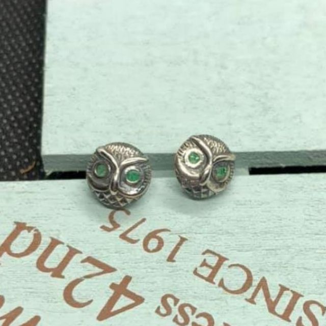 925純銀 泰國 綠鋯石 貓頭鷹 耳環 耳針 耳夾 夾式