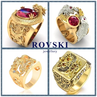 Rovski時尚韓國飾品三維龍金動物朋克鑽石霸氣不銹鋼水晶寶石男士戒指