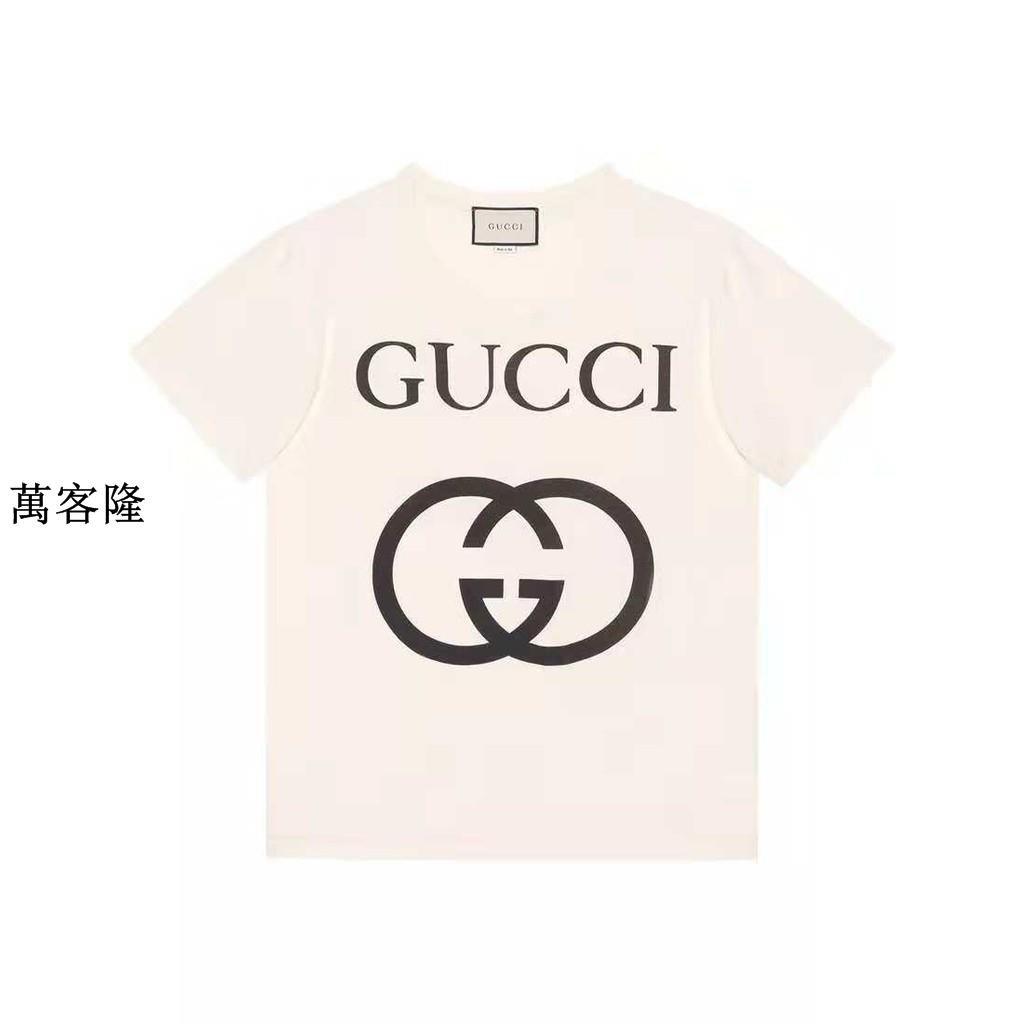 萬客隆GUCCI 古馳GG互扣黑色大logo 米白色短袖T恤現貨 蝦皮購物