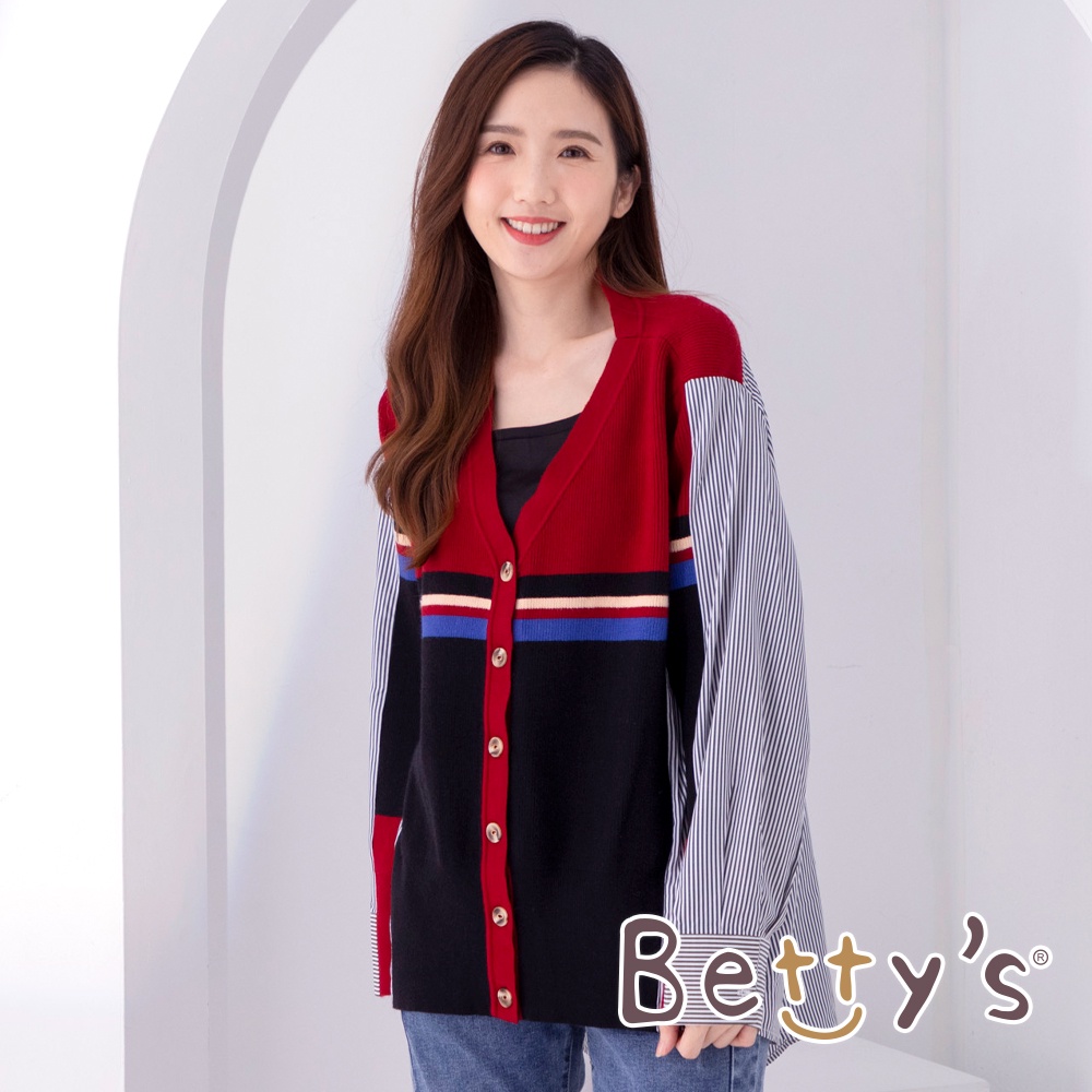 betty’s貝蒂思(05)開扣條紋後拼接針織罩衫(紅色)