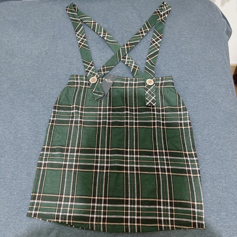 【Hollister】綠色格紋吊帶短裙XS