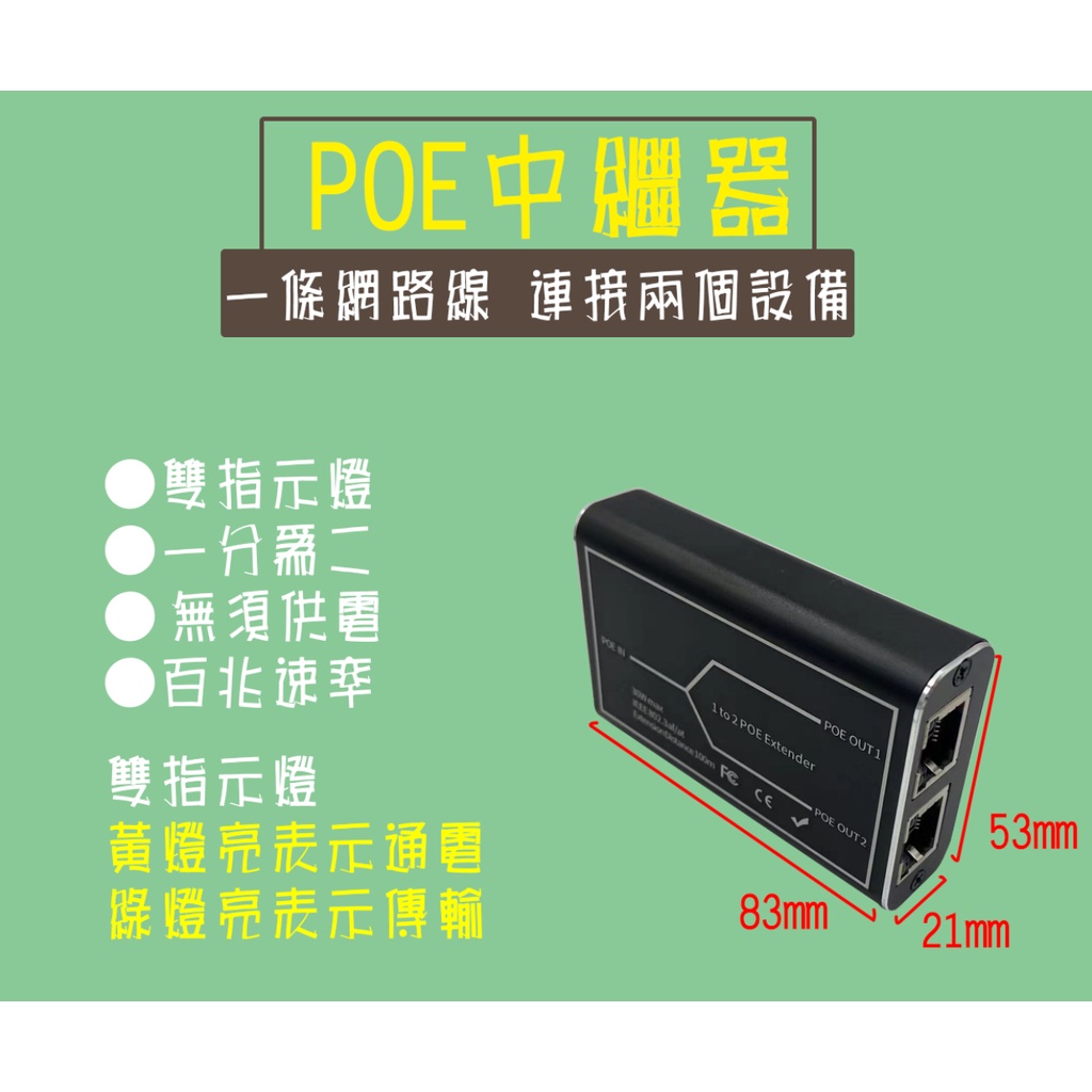 標準PoE一分二中繼器 分線器 監控攝影機 IPCAM 國標POE 48V IEEE802.3af/at