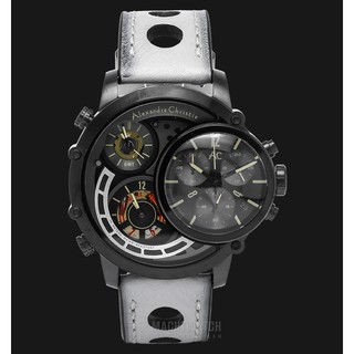 【金台鐘錶】Alexandre Christie 三地時間計時碼錶 黑殼x白帶 超大錶徑 (9221 MTLIPBA)