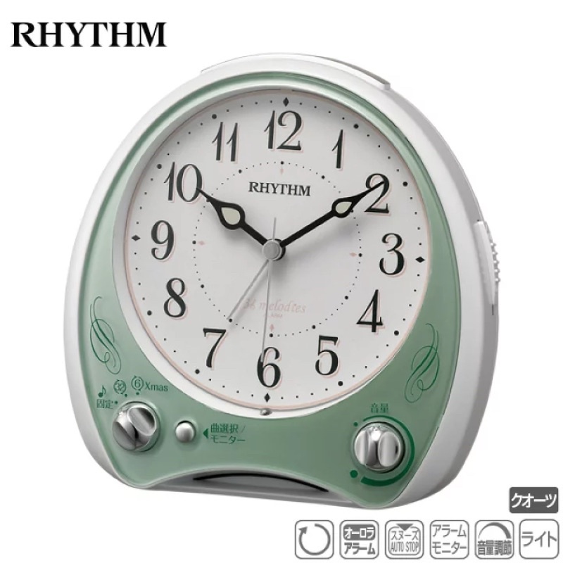日本 RHYTHM 38首極光音旋律 分針時針高光度蓄光 音樂鬧鐘 現貨+預購