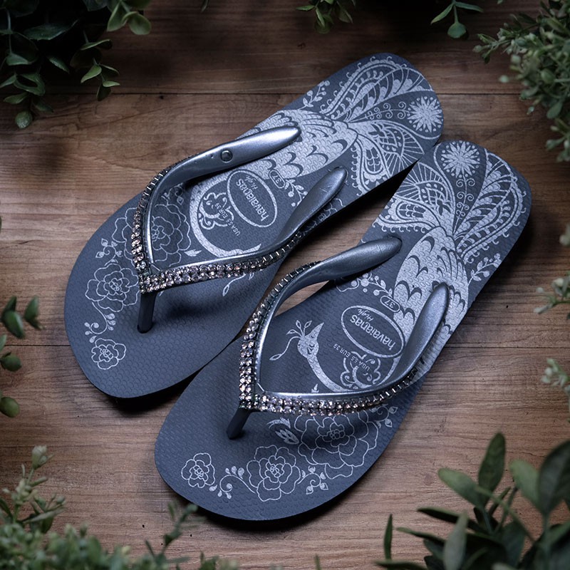 [ LIZcolor ] Havaianas巴西拖鞋xSwarovski施華洛世奇聯名/三公分厚底/雙排水鑽/灰底白鑽