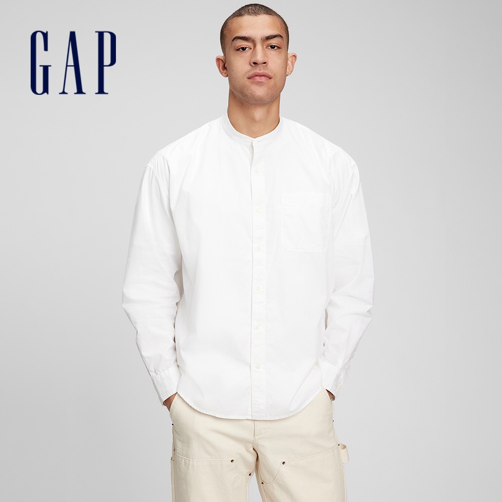 Gap 男裝 純棉商務立領長袖襯衫-白色(833837)