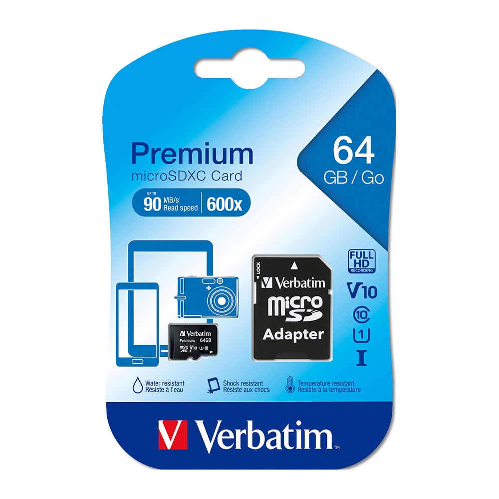 【Verbatim 威寶】MicroSDHC Premium 64GB C10 V10 UHS-I U1記憶卡
