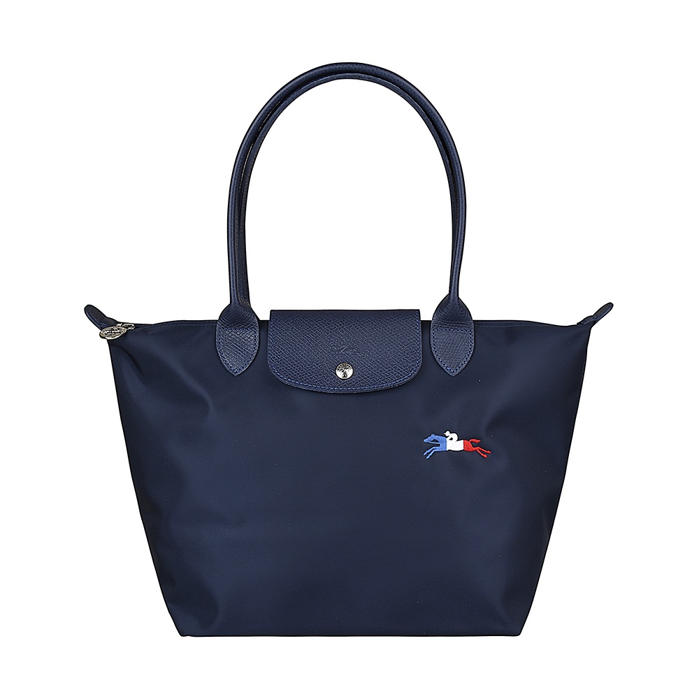 LONGCHAMP LE PLIAGE刺繡奔馬LOGO尼龍摺疊款長提把拉鍊肩背包(小/海軍藍x紅藍白)