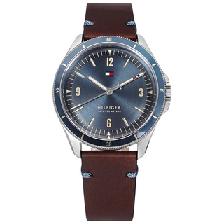 TOMMY HILFIGER / 簡約時尚 美式經典 真皮手錶 藍x銀框x紅褐 / 1791905 / 42mm