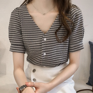 ◐有貨~韓版短袖襯衫格子襯衫V領格紋襯衫上衣夏季