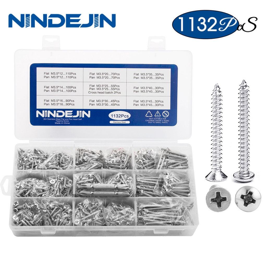 NINDEJIN 1132個/盒裝304不銹鋼平盤頭自攻螺釘組合M3.5十字螺絲木螺釘
