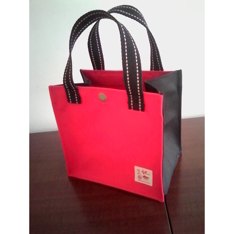 可代訂 合成帆布 手工 合成帆布包 手提包 便當袋 公司工作學生食物 紅黑色 有墊片(提重物) 女 OL 包包 購物袋