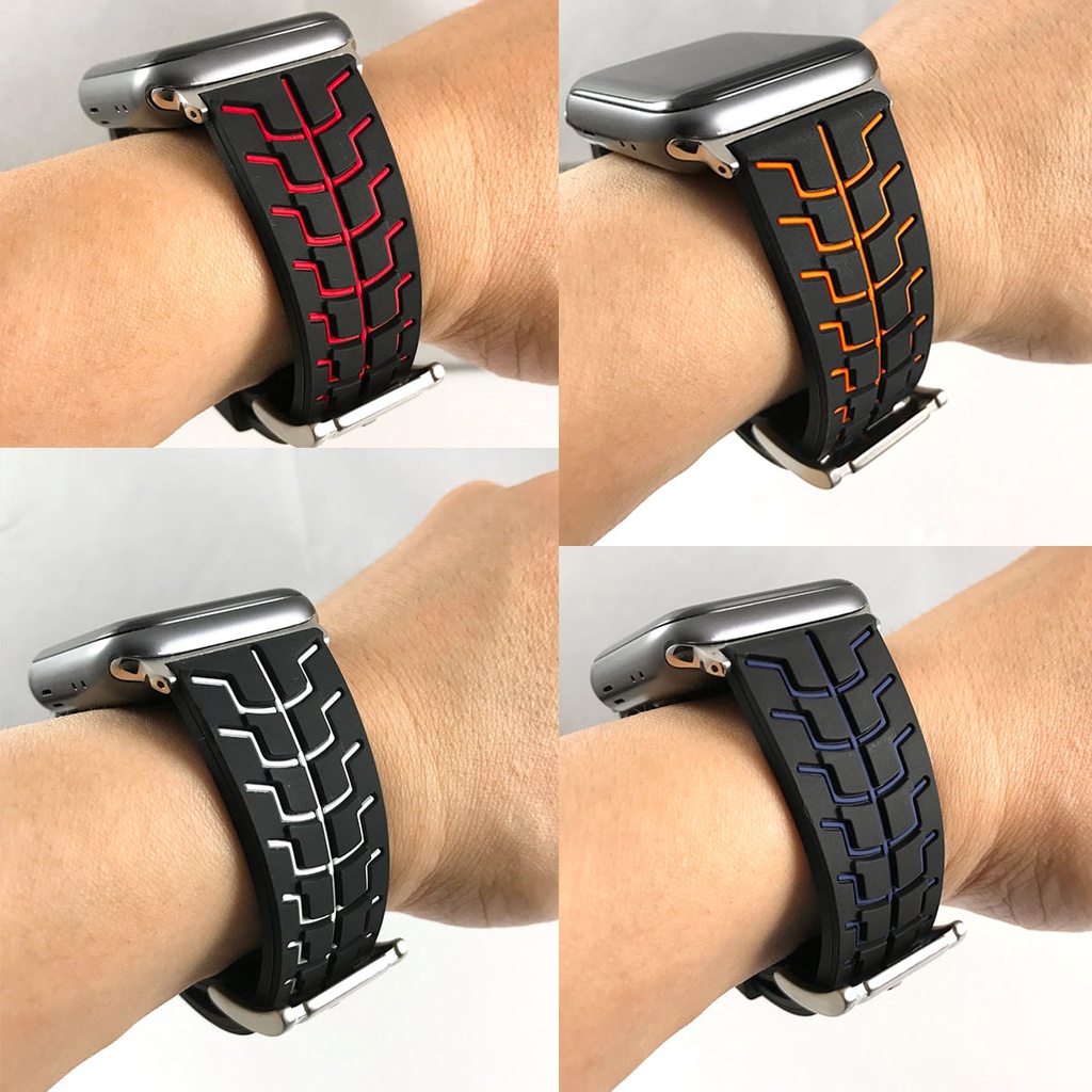 Apple Watch 錶帶 紅線 白線 藍線 橘線 腹肌線 厚感紮實 運動錶帶 矽膠錶帶 不鏽鋼針釦 連接器 44mm