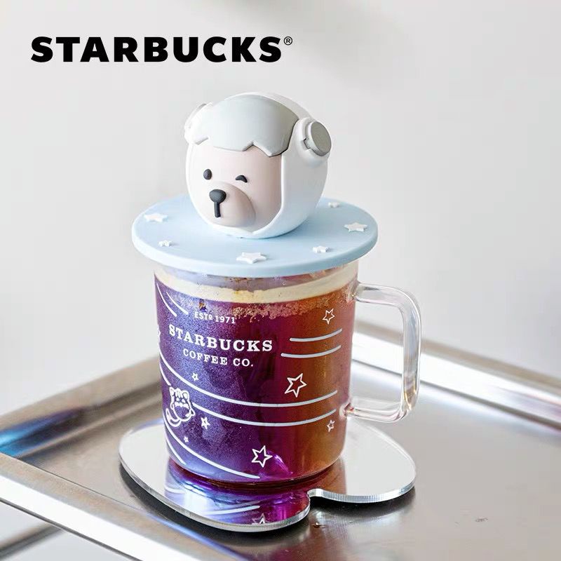 2021全新！免運費！starbucks星巴克官方正品！太空小熊玻璃幻彩宇航員水杯帶杯蓋咖啡杯冷水杯