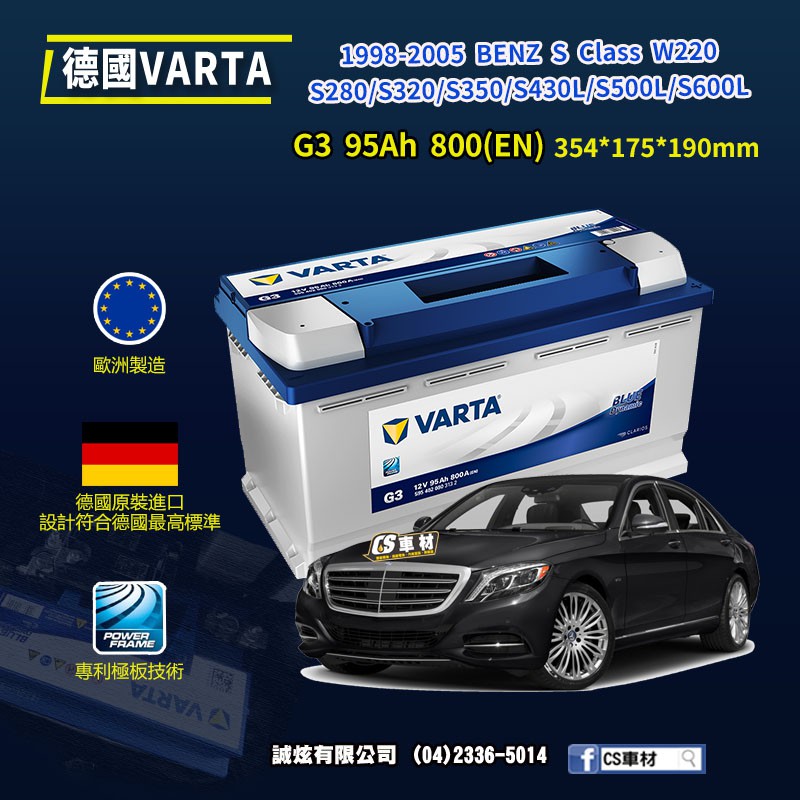 CS車材-VARTA 華達電池 BENZ S CLASS W220 98-05年 G3 N95 G14 代客安裝 非韓製